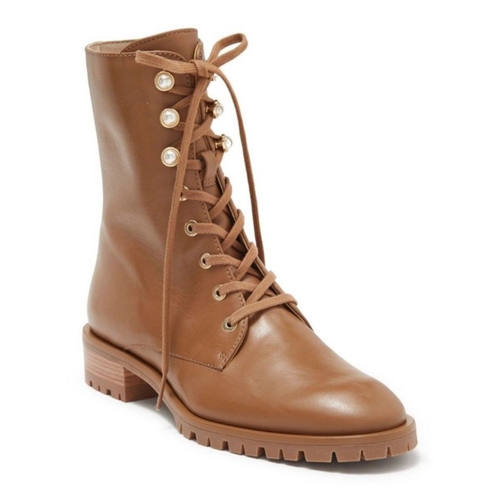 $750 Stuart Weitzman Laine Pearl Leather
Combat Boot CAMEL GOLD METAL 9.5